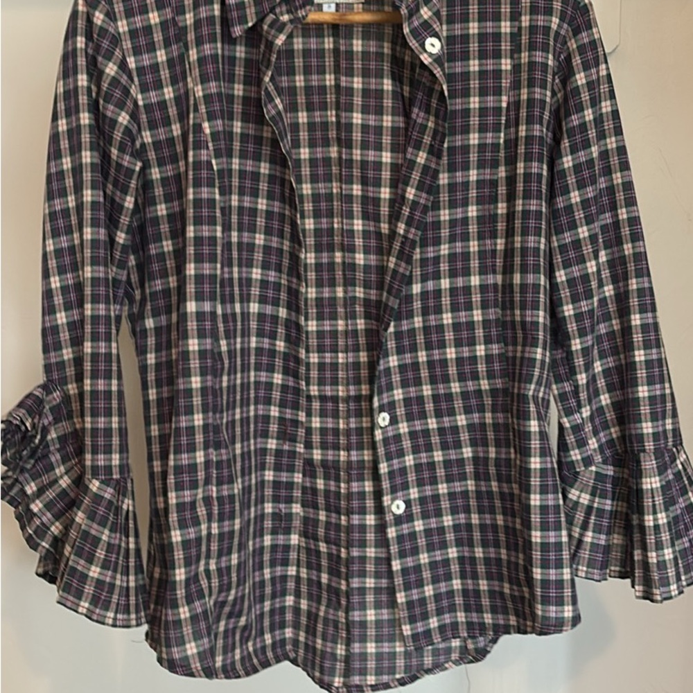 Vintage Bell Plaid Button-Up Shirt with Ruffle Sleeves